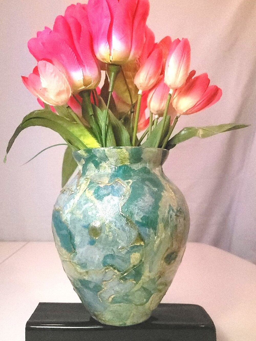1990s Decoupage Floral Vase Pink Faux Tulips Arrangement